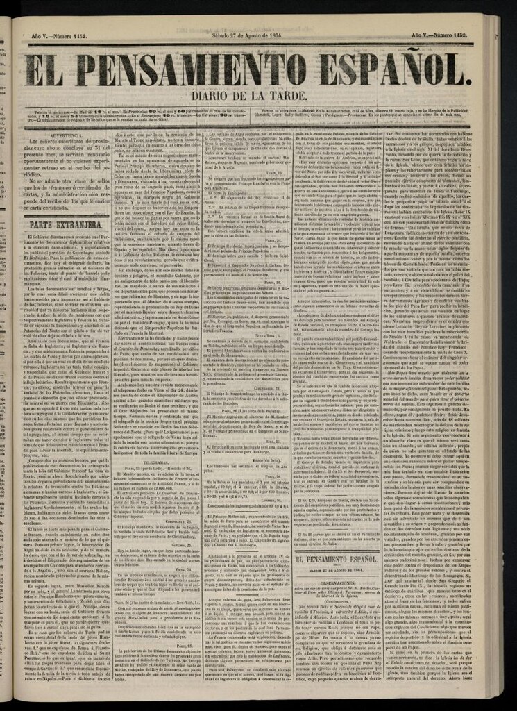 Miniatura de El Pensamiento Español del 27 de agosto de 1864, nº 1432