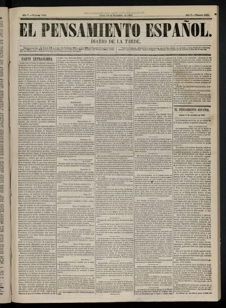 Miniatura de El Pensamiento Español del 19 de septiembre de 1864, nº 1450