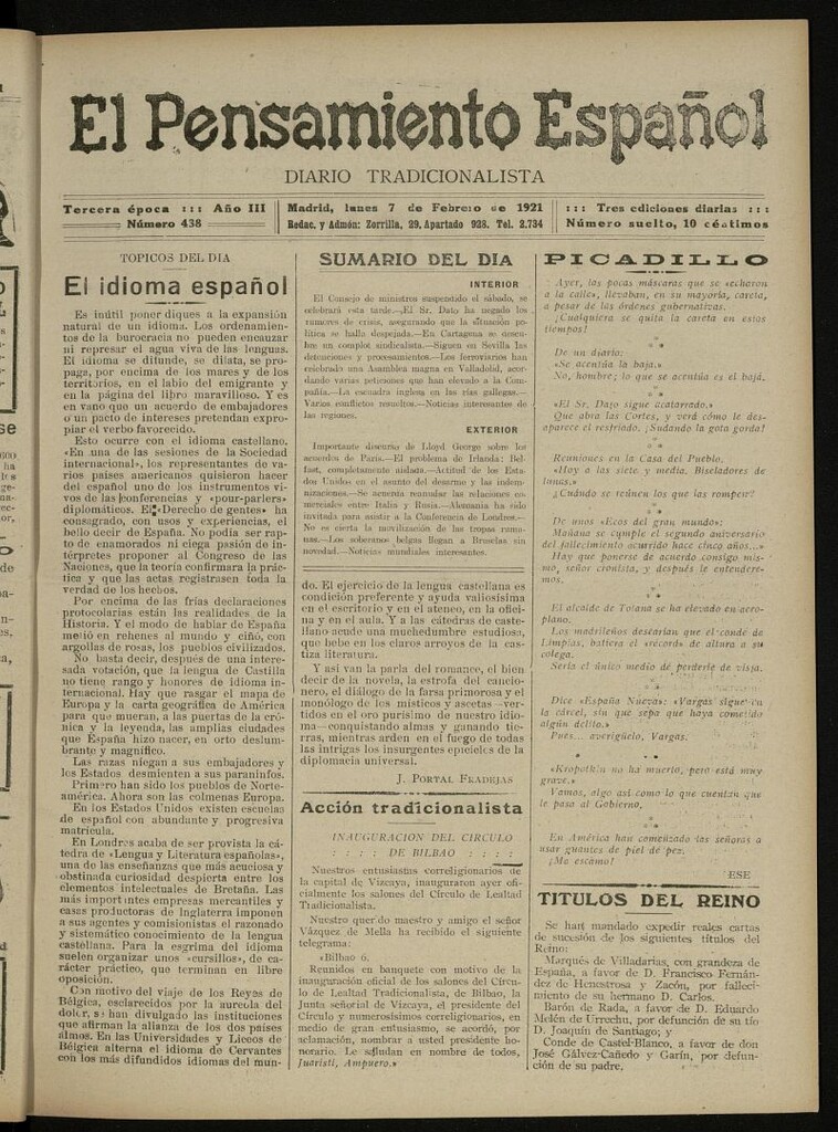 Miniatura de El Pensamiento Español del 7 de febrero de 1921, nº 438