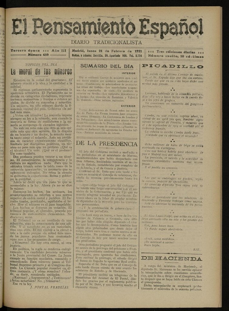 Miniatura de El Pensamiento Español del 21 de febrero de 1921, nº 450