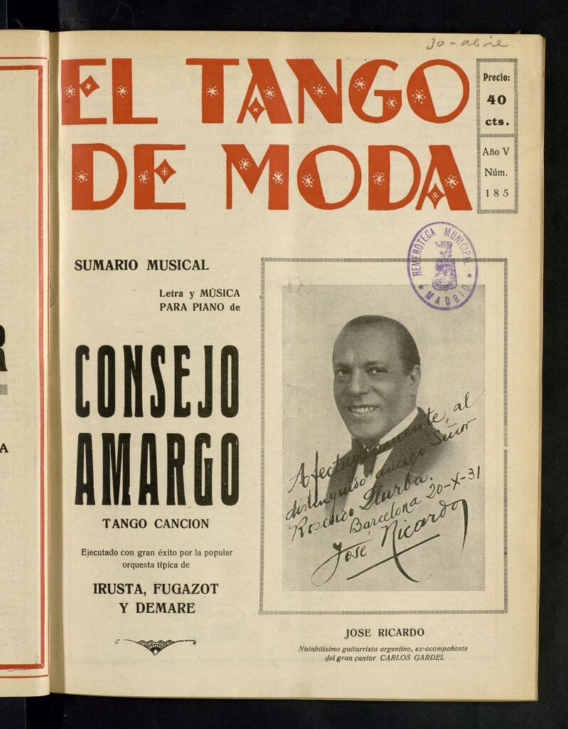 Miniatura de El Tango de Moda : revista popular hispano-americana. Aparece los sábados. Nº 185