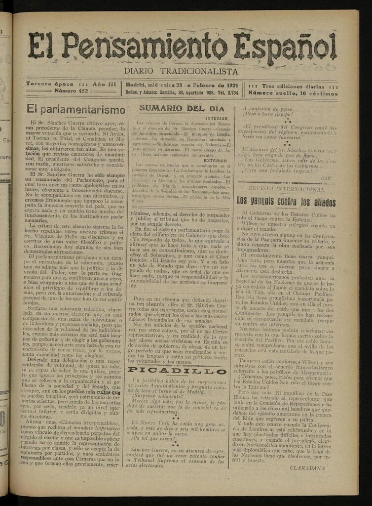 Miniatura de El Pensamiento Español del 23 de febrero de 1921, nº 452