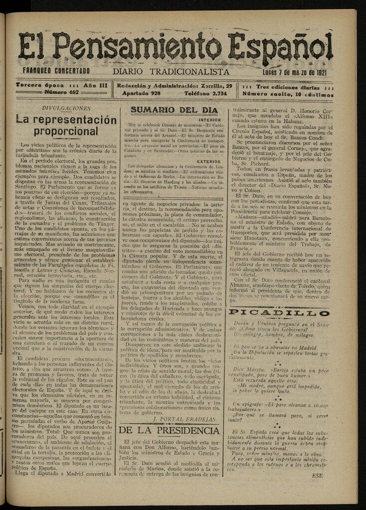 Miniatura de El Pensamiento Español del 7 de marzo de 1921, nº 462