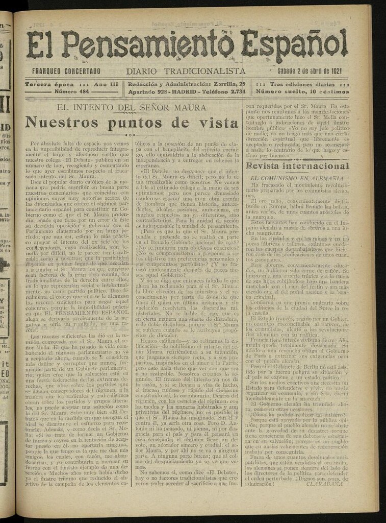 Miniatura de El Pensamiento Español del 2 de abril de 1921, nº 484