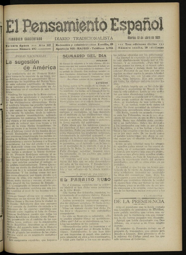 Miniatura de El Pensamiento Español del 12 de abril de 1921, nº 492