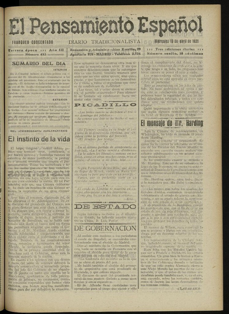 Miniatura de El Pensamiento Español del 13 de abril de 1921, nº 493
