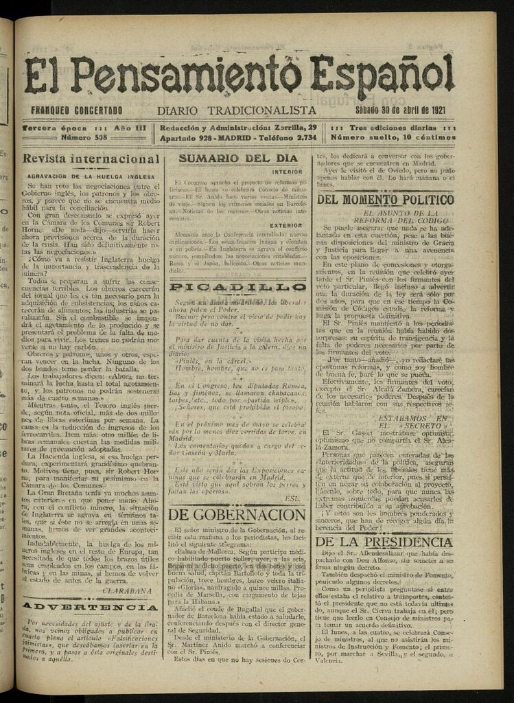 Miniatura de El Pensamiento Español del 30 de abril de 1921, nº 508