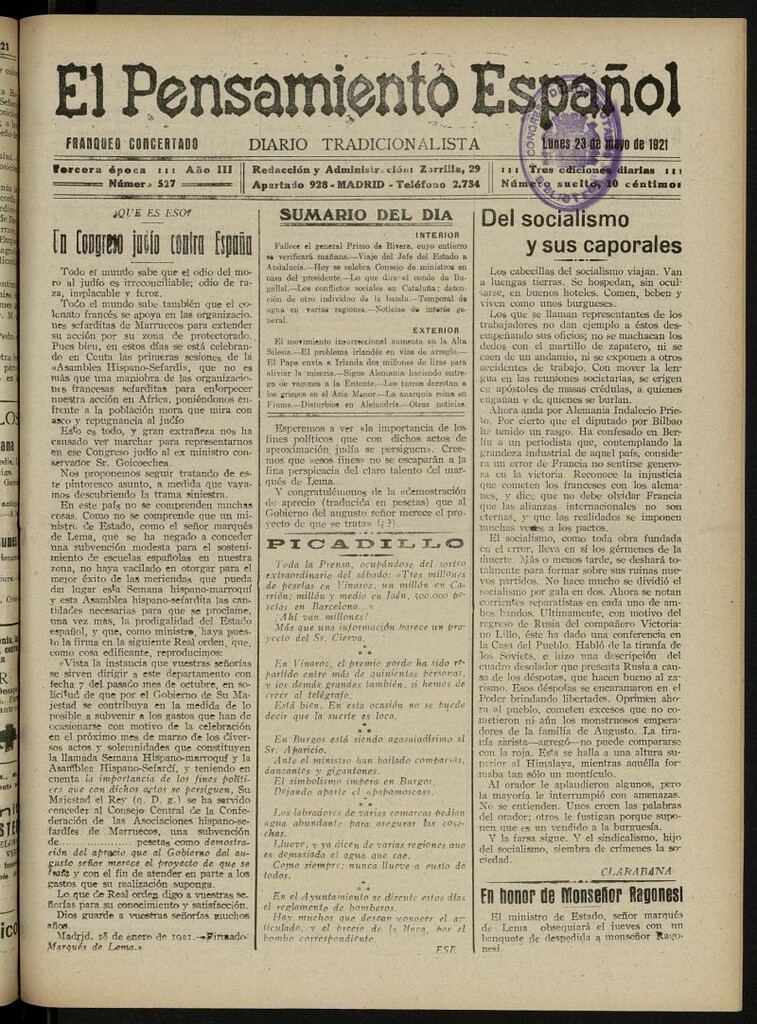 Miniatura de El Pensamiento Español del 23 de mayo de 1921, nº 527