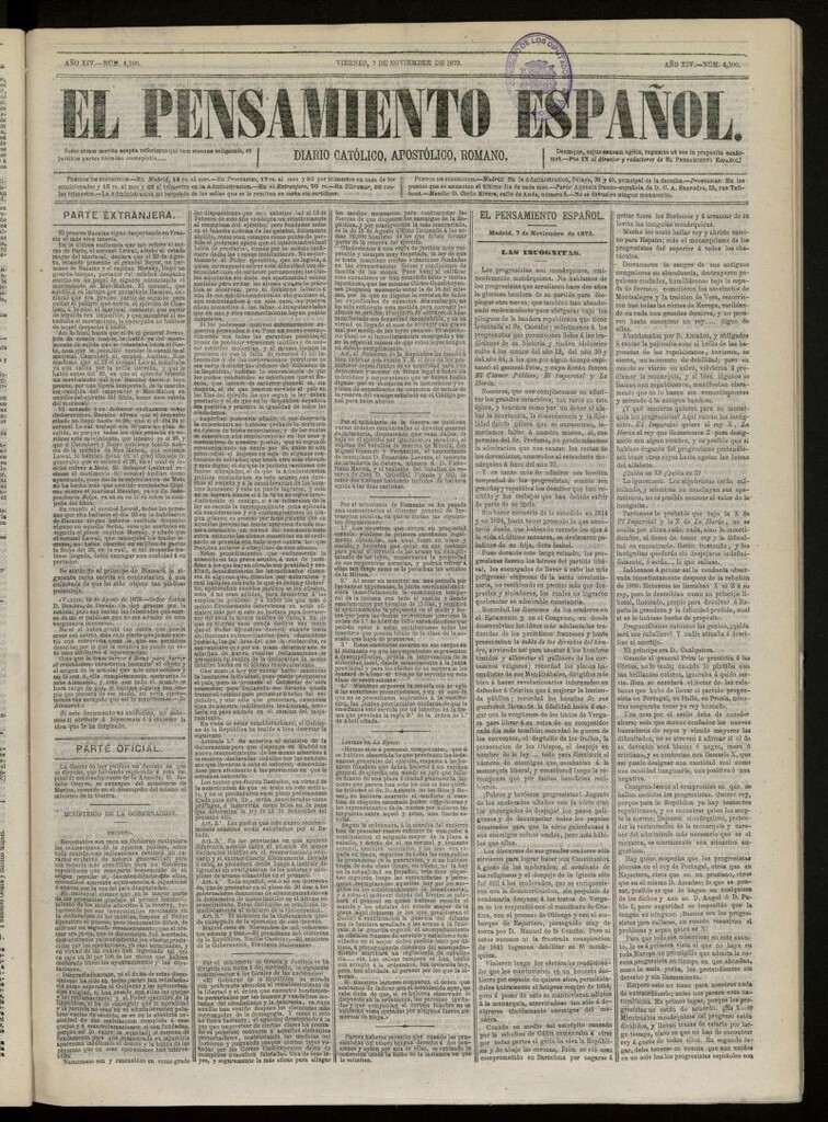 Miniatura de El Pensamiento Español del 7 de noviembre de 1873, nº 4100 [Sic]