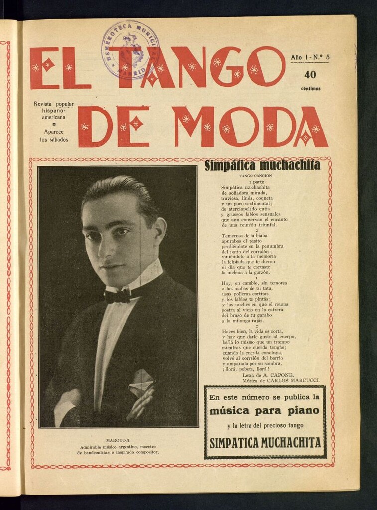 Miniatura de El Tango de Moda : revista popular hispano-americana. Aparece los sábados. Nº 5