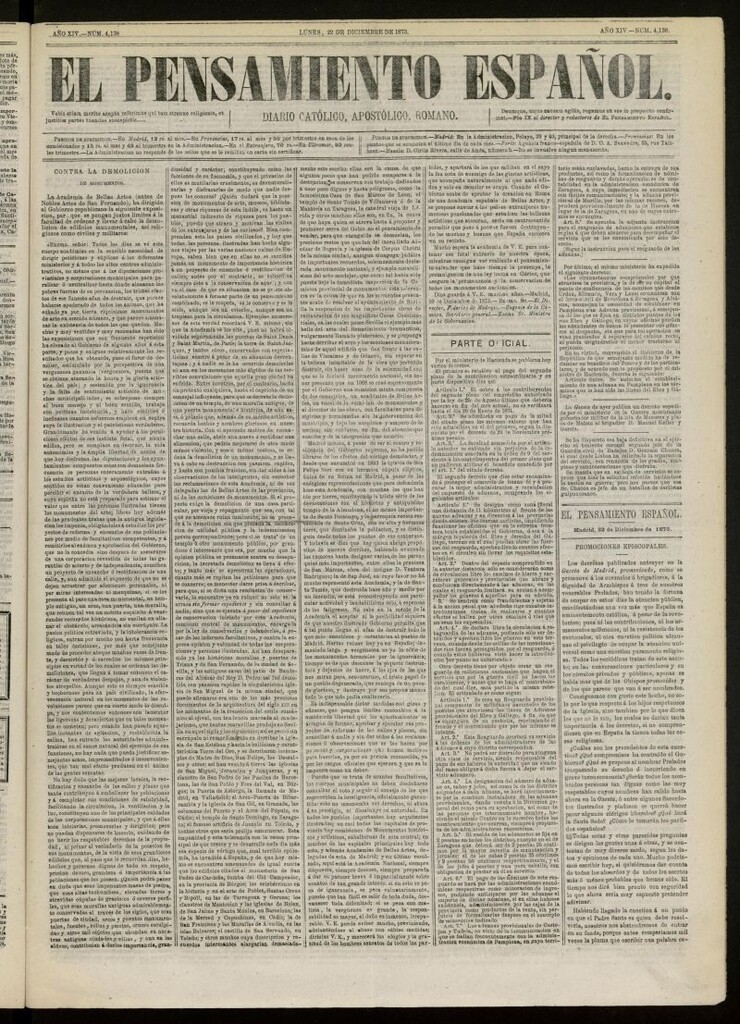 Miniatura de El Pensamiento Español del 22 de diciembre de 1873, nº 4138[sic]