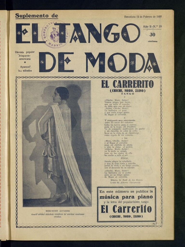 Miniatura de Suplemento de El Tango de Moda : revista popular hispano-americana. Aparece los sábados. Nº 19