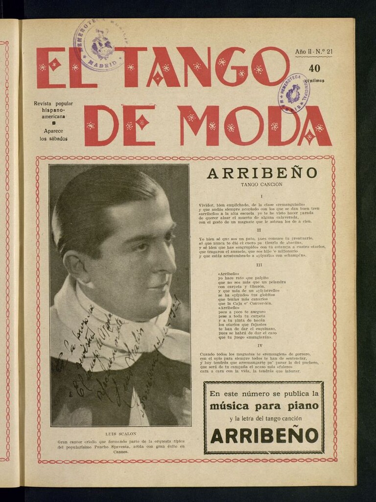 Miniatura de El Tango de Moda : revista popular hispano-americana. Aparece los sábados. Nº 21