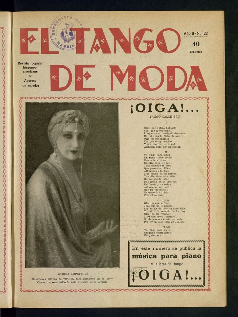 Miniatura de El Tango de Moda : revista popular hispano-americana. Aparece los sábados. Nº 22