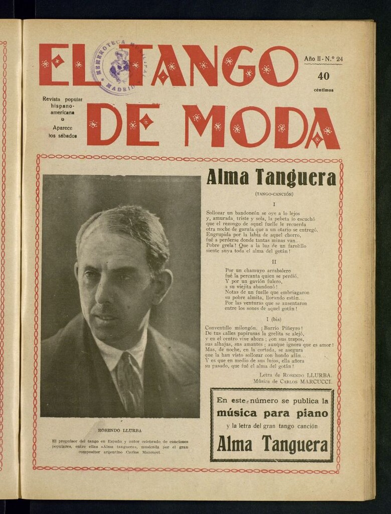 Miniatura de El Tango de Moda : revista popular hispano-americana. Aparece los sábados. Nº 24