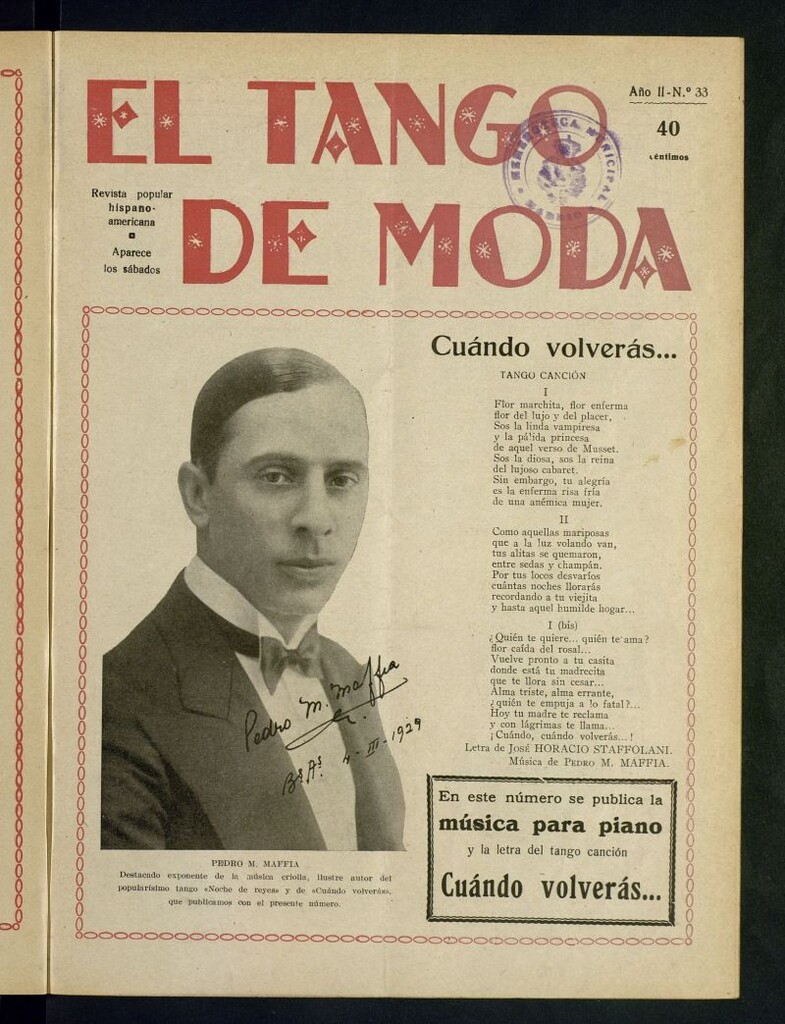 Miniatura de El Tango de Moda : revista popular hispano-americana. Aparece los sábados. Nº 33