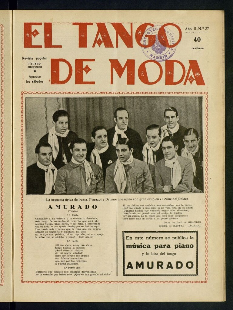 Miniatura de El Tango de Moda : revista popular hispano-americana. Aparece los sábados. Nº 37