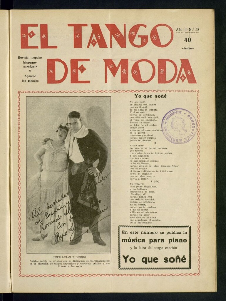Miniatura de El Tango de Moda : revista popular hispano-americana. Aparece los sábados. Nº 38
