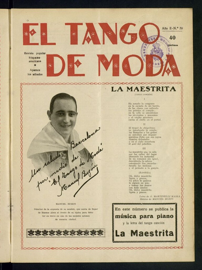 Miniatura de El Tango de Moda : revista popular hispano-americana. Aparece los sábados. Nº 39