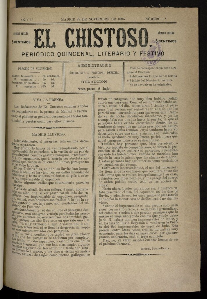Miniatura de El Chistoso: periódico quincenal, literario y festivo