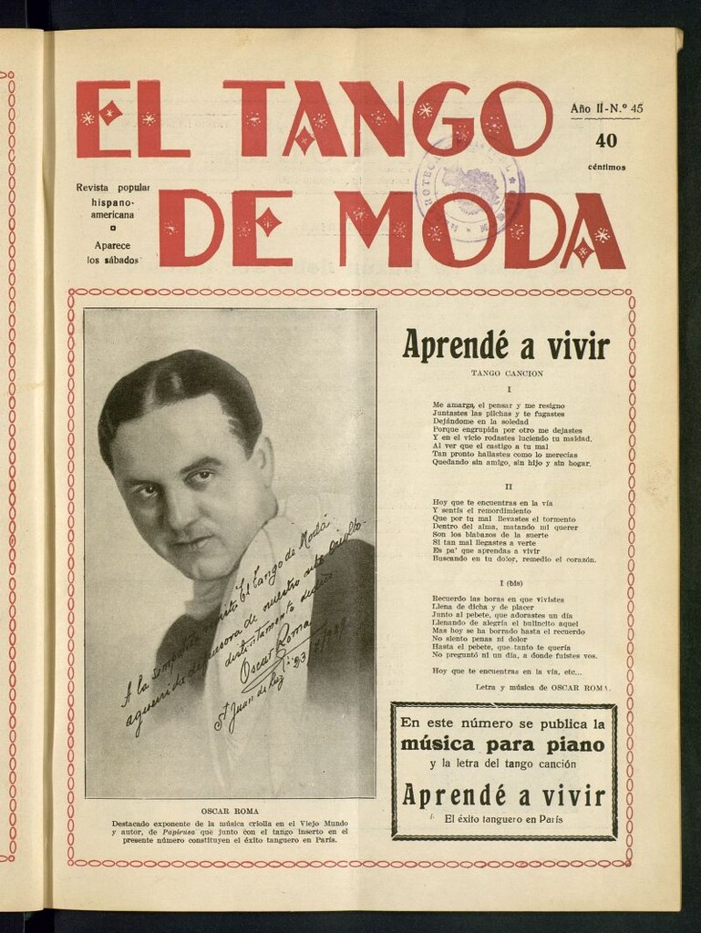Miniatura de El Tango de Moda : revista popular hispano-americana. Aparece los sábados. Nº 45