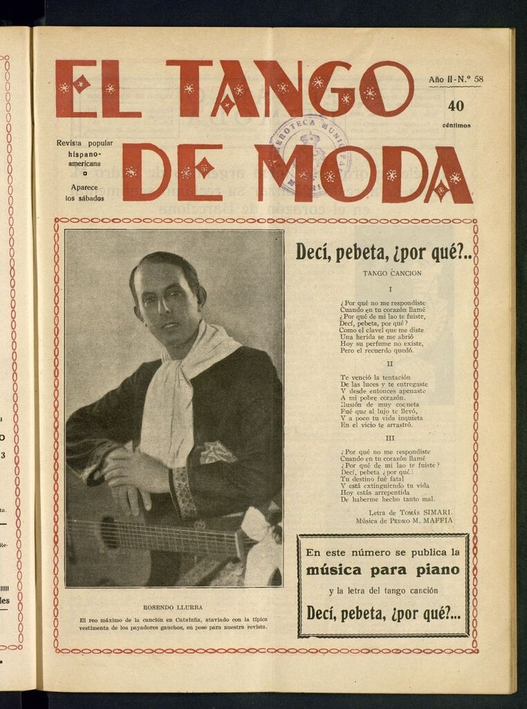 Miniatura de El Tango de Moda : revista popular hispano-americana. Aparece los sábados. Nº 58