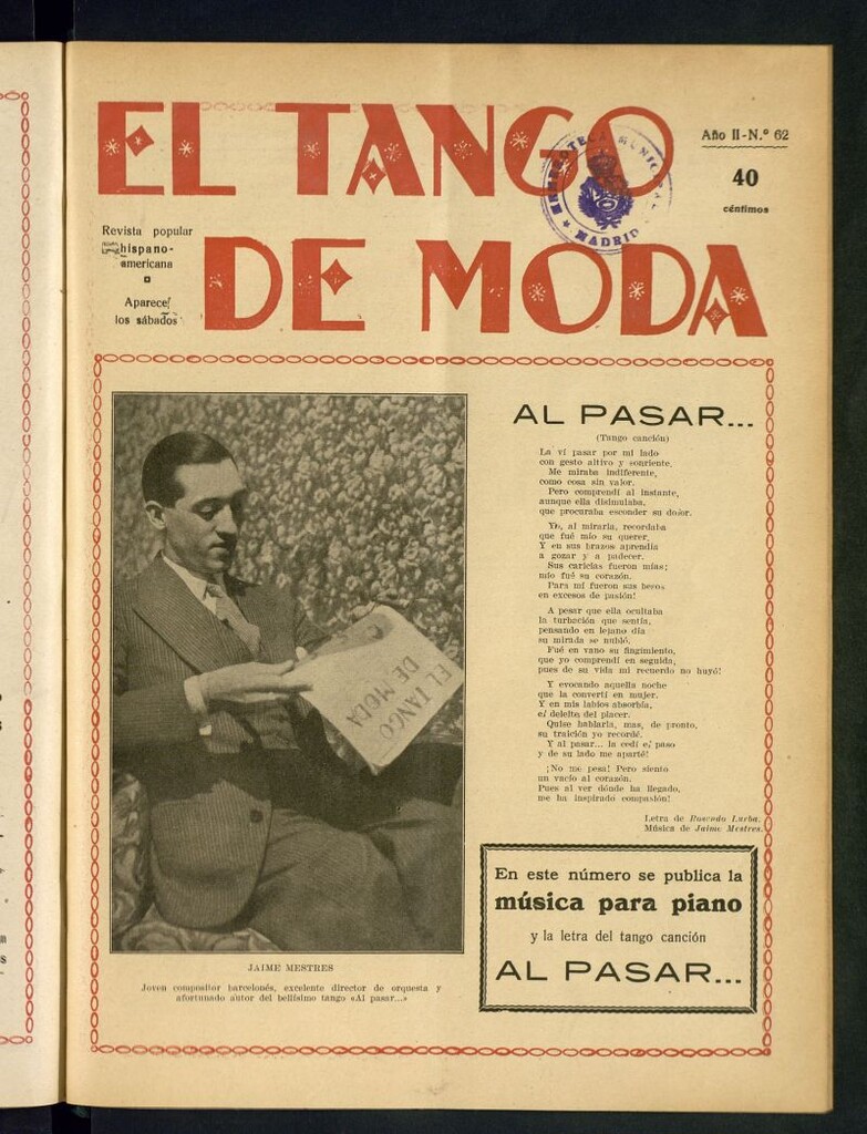 Miniatura de El Tango de Moda : revista popular hispano-americana. Aparece los sábados. Nº 62