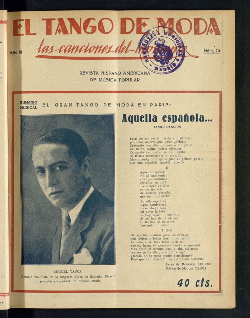 Miniatura de El Tango de Moda : revista popular hispano-americana. Aparece los sábados. Nº 70