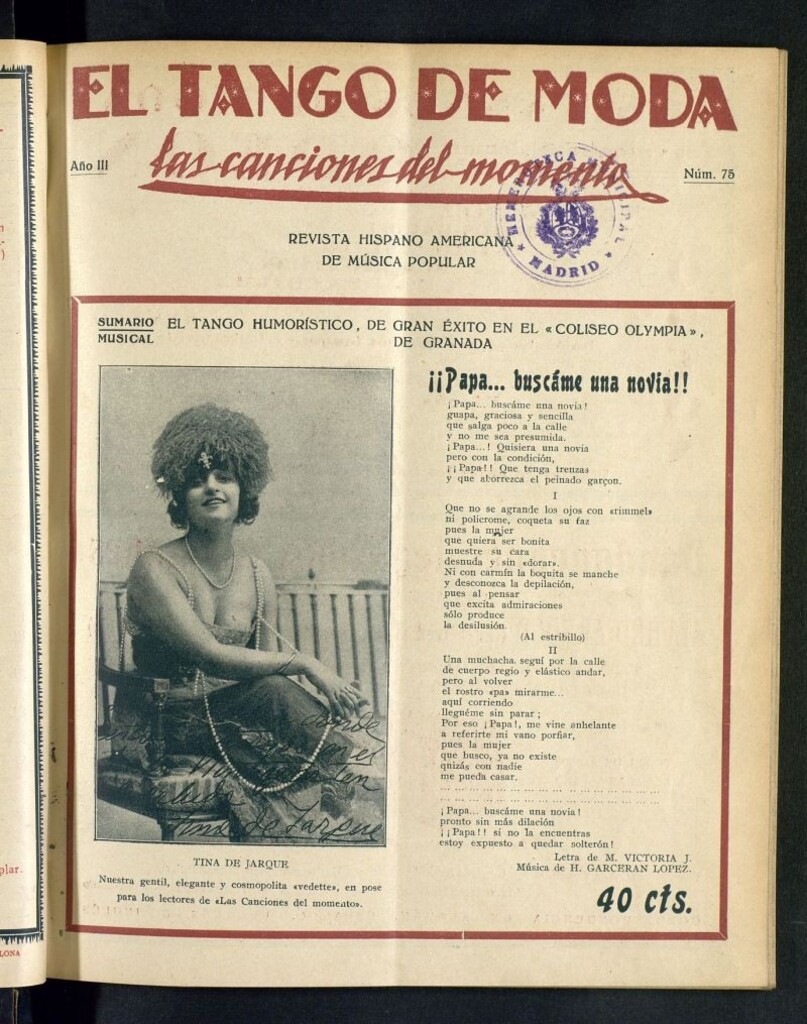 Miniatura de El Tango de Moda : revista popular hispano-americana. Aparece los sábados. Nº 75