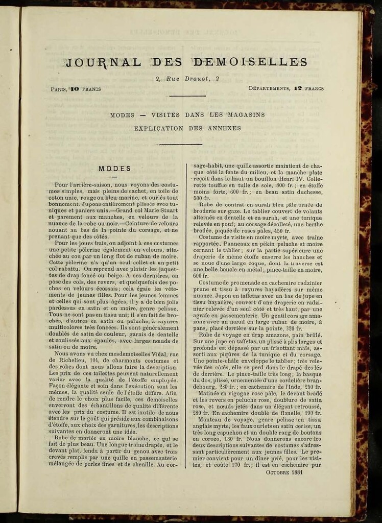 Miniatura de Journal des Demoiselles de octubre de 1881 anexo