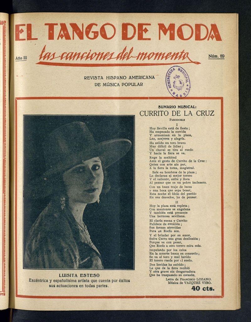 Miniatura de El Tango de Moda : revista popular hispano-americana. Aparece los sábados. Nº 89
