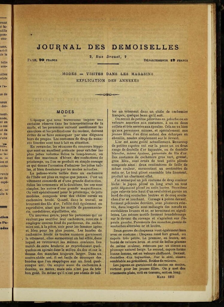 Miniatura de Journal des Demoiselles de marzo de 1883 anexo