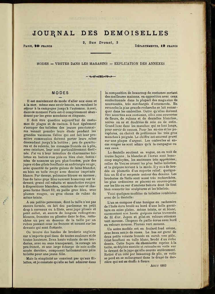 Miniatura de Journal des Demoiselles de agosto de 1883 anexo