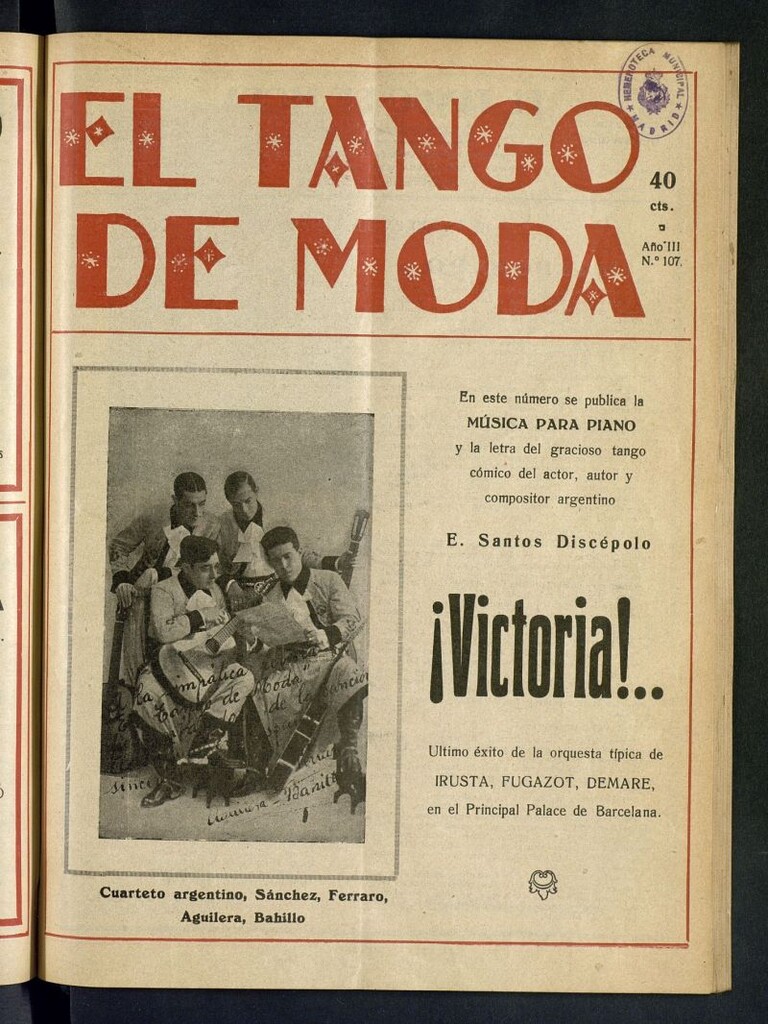 Miniatura de El Tango de Moda : revista popular hispano-americana. Aparece los sábados. Nº 107