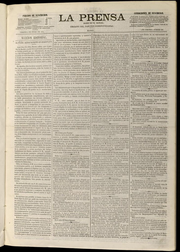 Miniatura de La Prensa : diario de la mañana : político, literario y de noticias del 3 de enero de 1873, nº 539