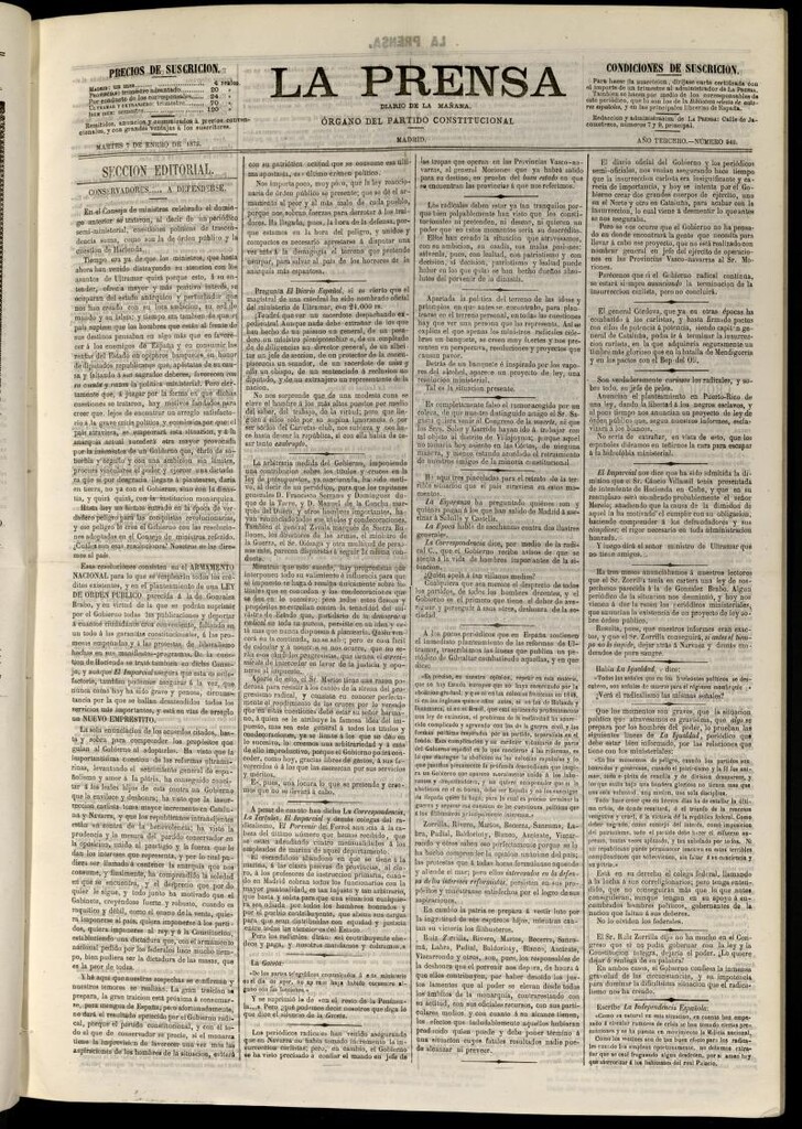 Miniatura de La Prensa : diario de la mañana : político, literario y de noticias del 7 de enero de 1873, nº 542