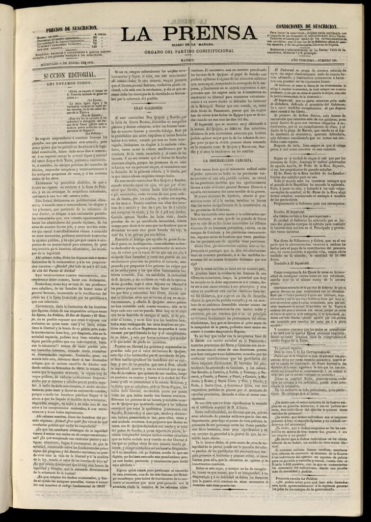Miniatura de La Prensa : diario de la mañana : político, literario y de noticias del 8 de enero de 1873, nº 543