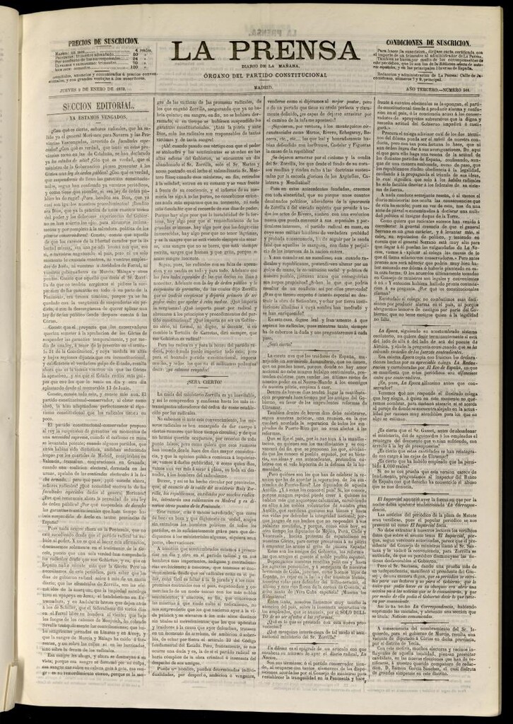 Miniatura de La Prensa : diario de la mañana : político, literario y de noticias del 9 de enero de 1873, nº 544