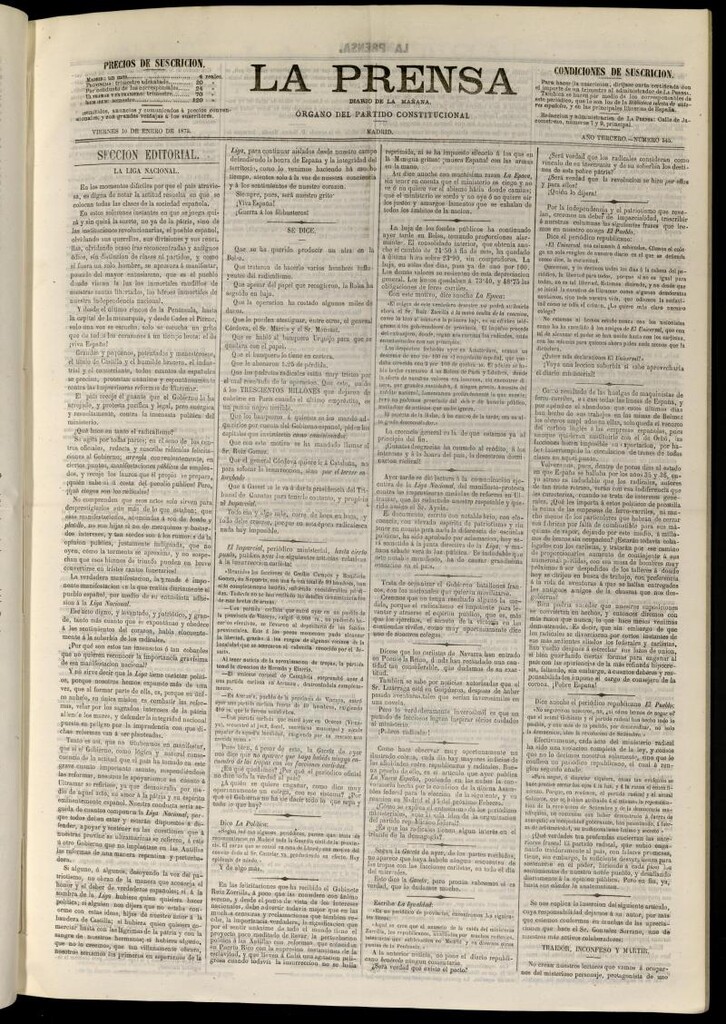Miniatura de La Prensa : diario de la mañana : político, literario y de noticias del 10 de enero de 1873, nº 545