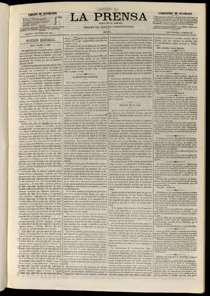 Miniatura de La Prensa : diario de la mañana : político, literario y de noticias del 11 de enero de 1873, nº 546