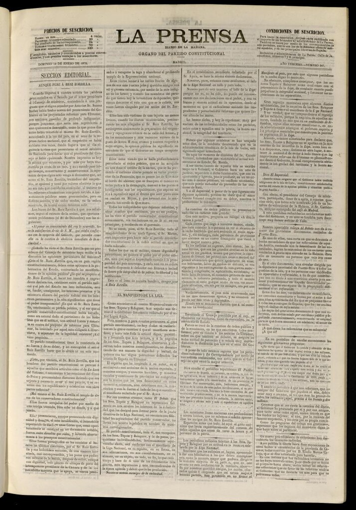 Miniatura de La Prensa : diario de la mañana : político, literario y de noticias del 12 de enero de 1873, nº 547