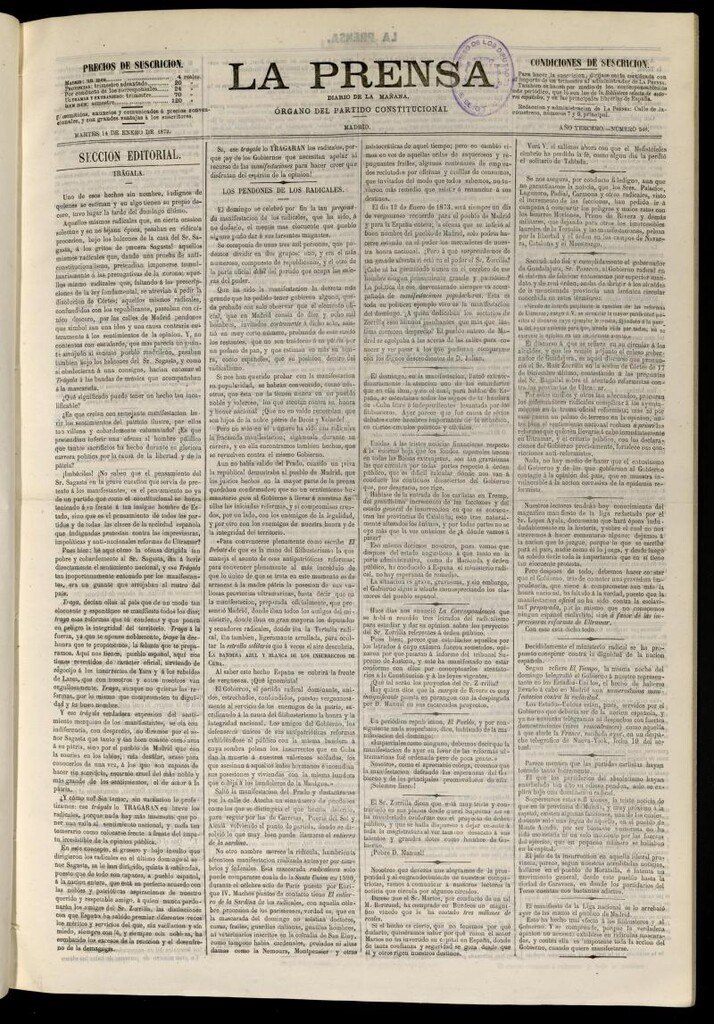 Miniatura de La Prensa : diario de la mañana : político, literario y de noticias del 14 de enero de 1873, nº 548