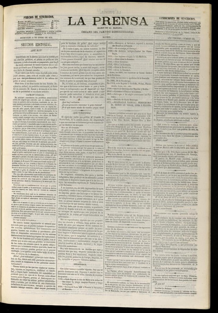Miniatura de La Prensa : diario de la mañana : político, literario y de noticias del 15 de enero de 1873, nº 549