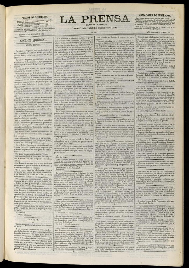 Miniatura de La Prensa : diario de la mañana : político, literario y de noticias del 16 de enero de 1873, nº 550