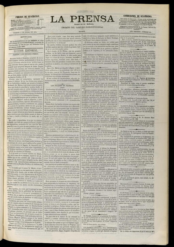 Miniatura de La Prensa : diario de la mañana : político, literario y de noticias del 17 de enero de 1873, nº 551