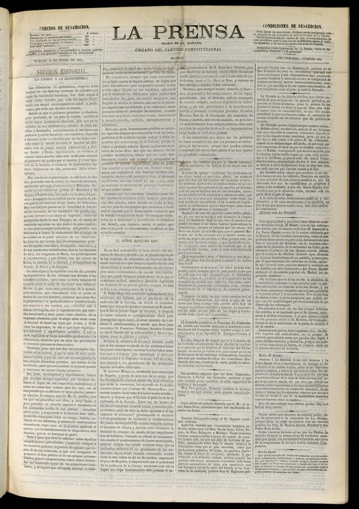 Miniatura de La Prensa : diario de la mañana : político, literario y de noticias del 18 de enero de 1873, nº 552
