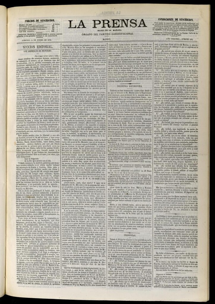 Miniatura de La Prensa : diario de la mañana : político, literario y de noticias del 19 de enero de 1873, nº 553
