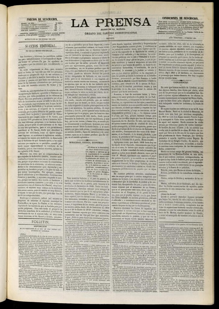 Miniatura de La Prensa : diario de la mañana : político, literario y de noticias del 22 de enero de 1873, nº 555