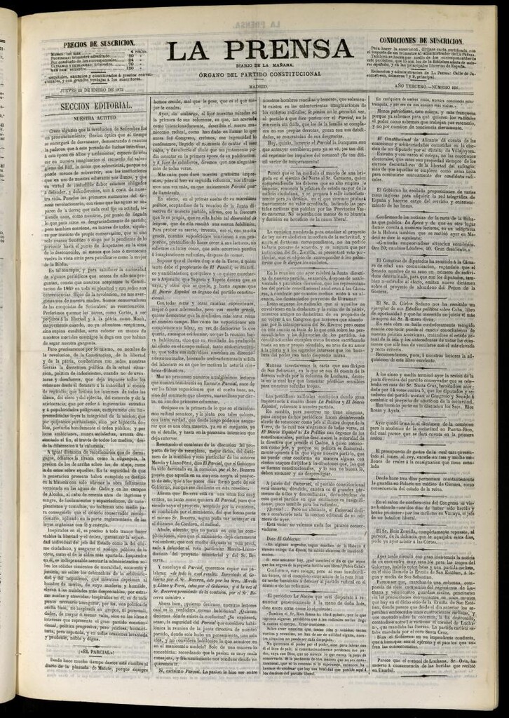 Miniatura de La Prensa : diario de la mañana : político, literario y de noticias del 23 de enero de 1873, nº 556