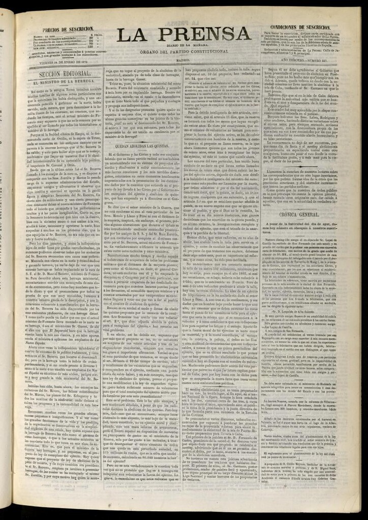 Miniatura de La Prensa : diario de la mañana : político, literario y de noticias del 24 de enero de 1873, nº 557